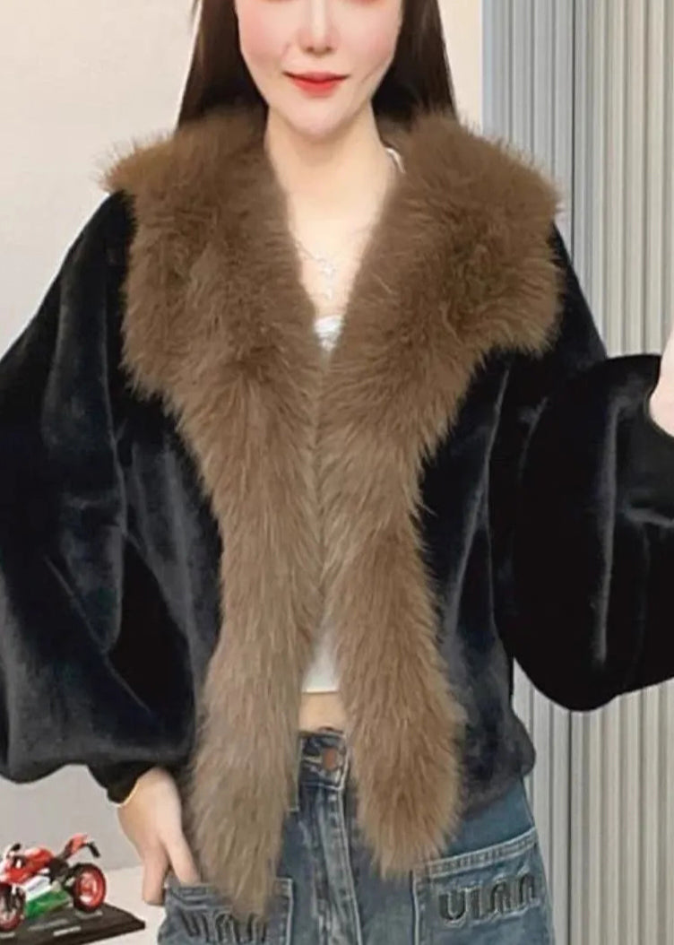 Abrigos de invierno de pelo de visón sintético con parches verdes de gran tamaño y talla grande