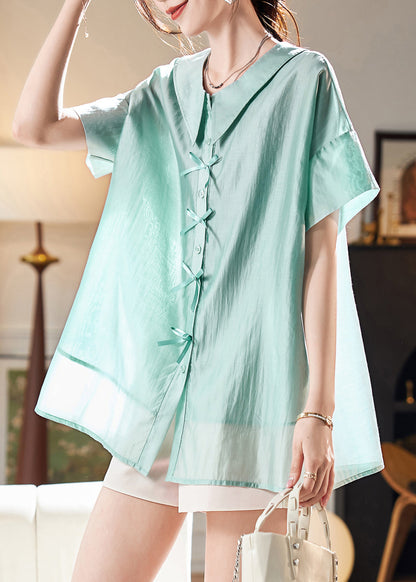 Plus Size Green Peter Pan Collar Bow Chiffon Blouses Batwing Sleeve