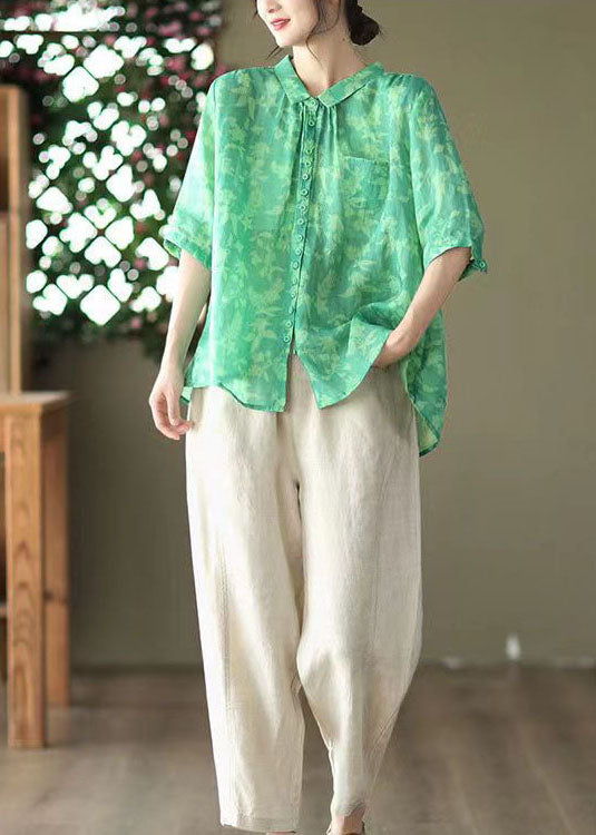 Blusas de lino con cuello Peter Pan y patchwork de talla grande para verano