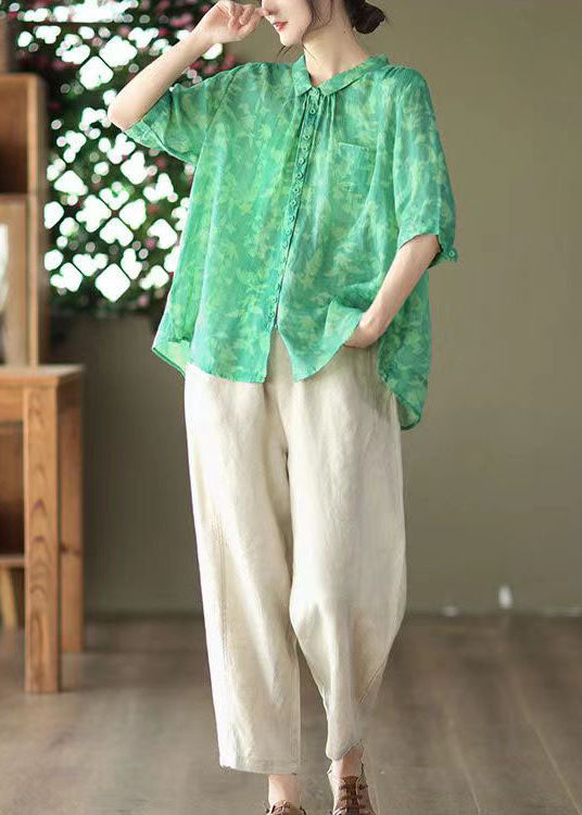 Blusas de lino con cuello Peter Pan y patchwork de talla grande para verano