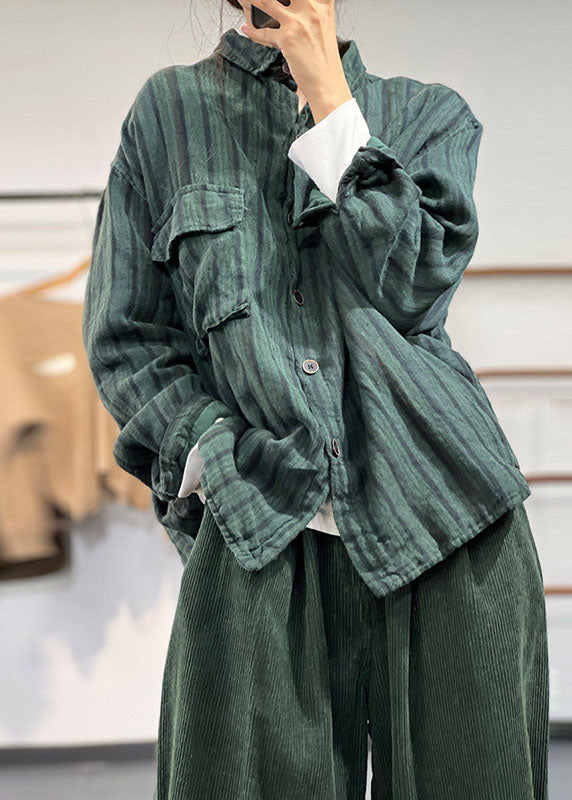 Plus Size Grün Peter Pan Kragen Gestreiften Dicken Leinen Mäntel Winter