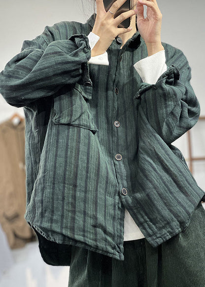 Plus Size Grün Peter Pan Kragen Gestreiften Dicken Leinen Mäntel Winter