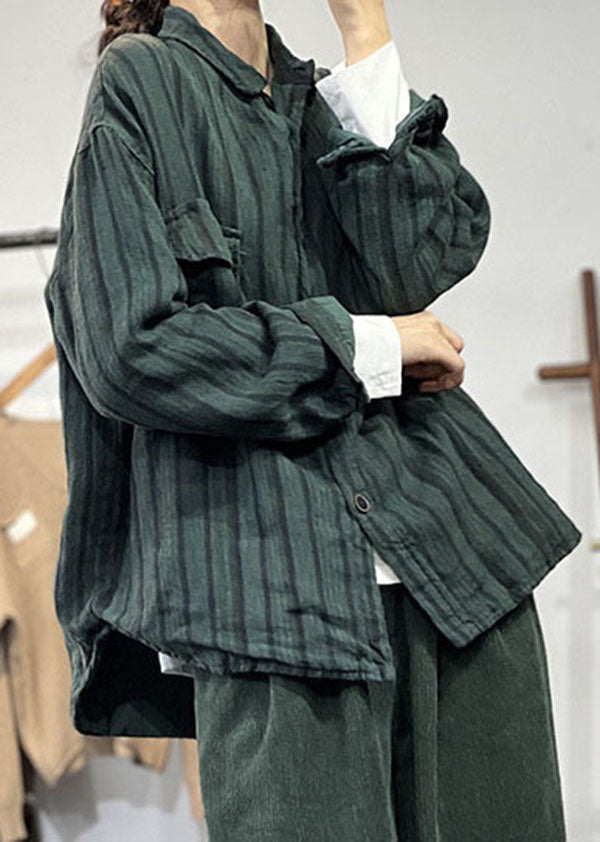 Plus Size Grün Peter Pan Kragen Gestreiften Dicken Leinen Mäntel Winter