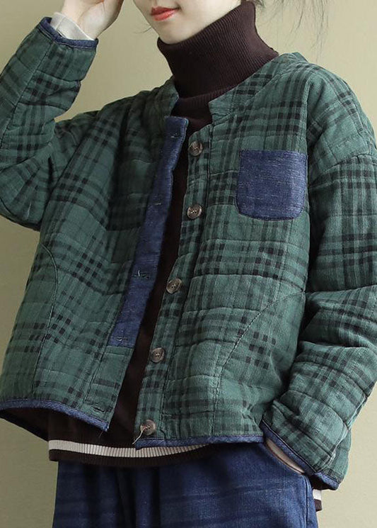 Plus Size Green Plaid Button Patchwork Winter Jackets Long sleeve