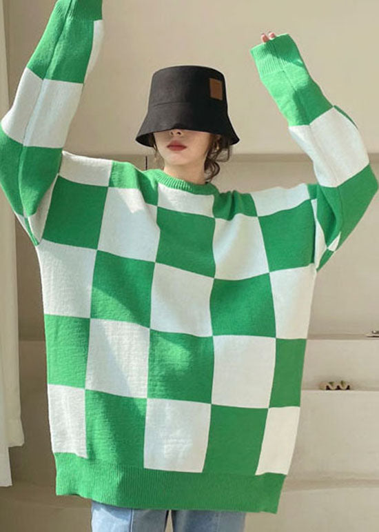 Plus Size Grüner karierter gemütlicher Strickpullover Winter