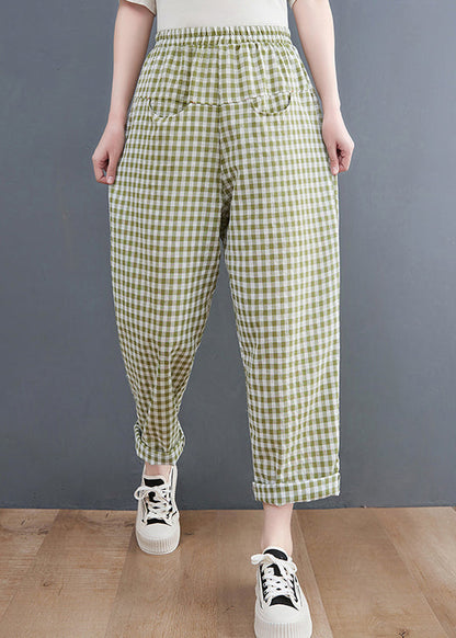 Plus Size Grün Plaid elastische Taille Plaid Leinenhose Frühling