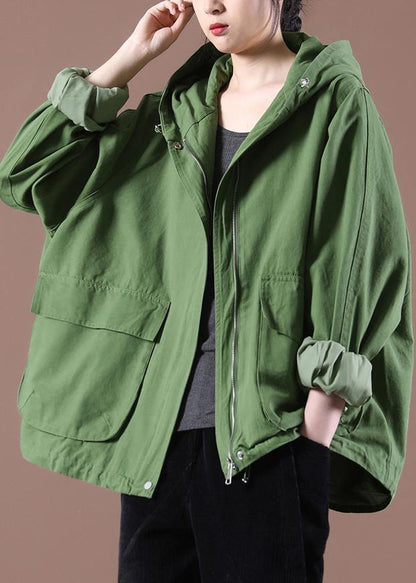 Plus Size Green Pockets Hoodie Coat Spring - SooLinen