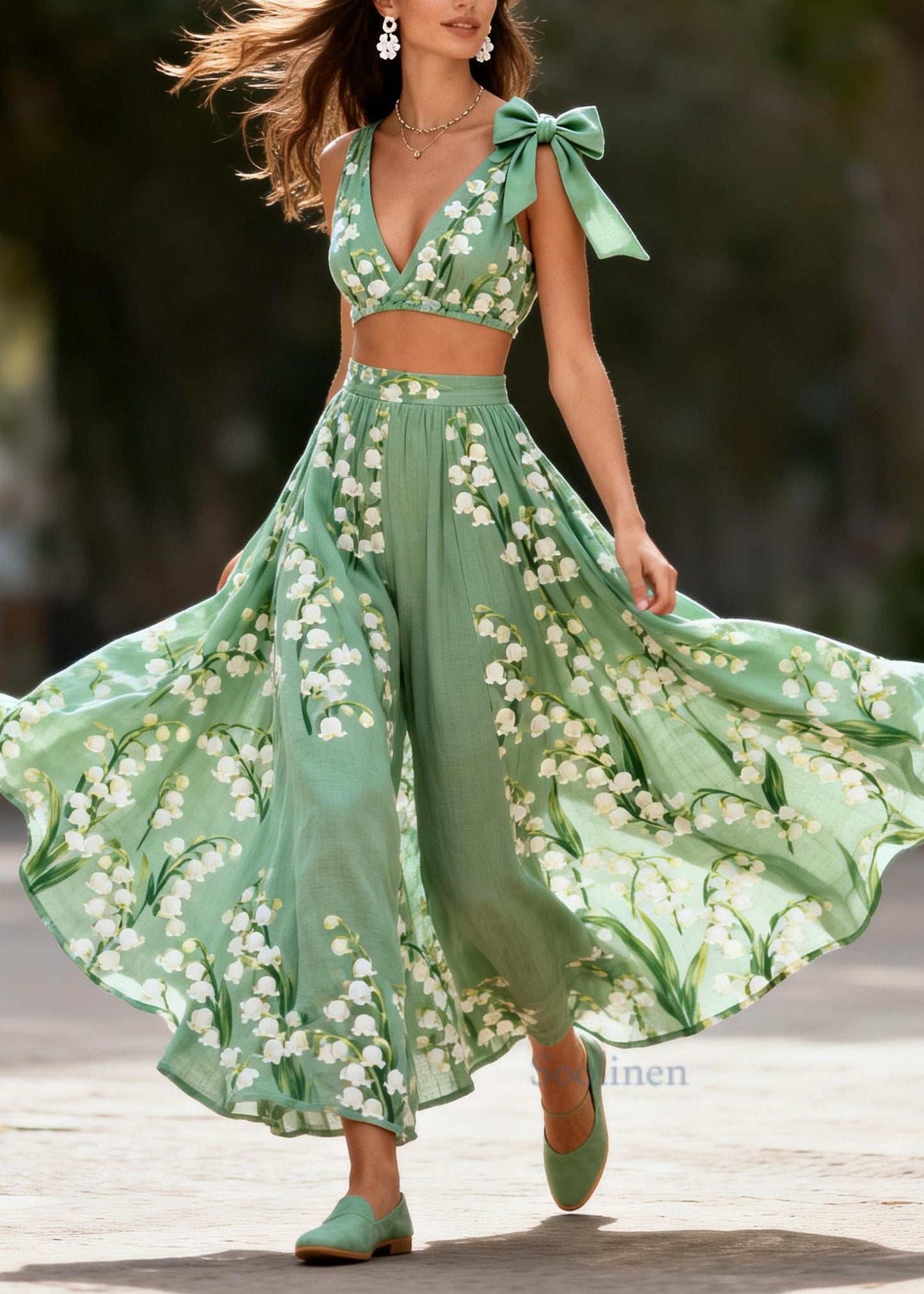 Plus Size Green Print Exra Large Hem Bow Cotton Two Pieces Set Summer