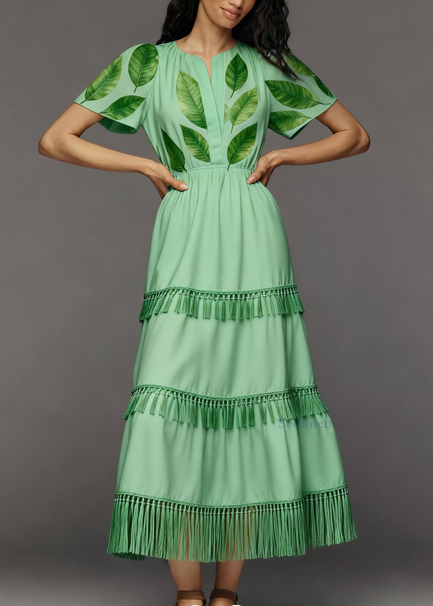 Plus Size Green Print Tassel Patchwork Cotton Long Dresses Summer