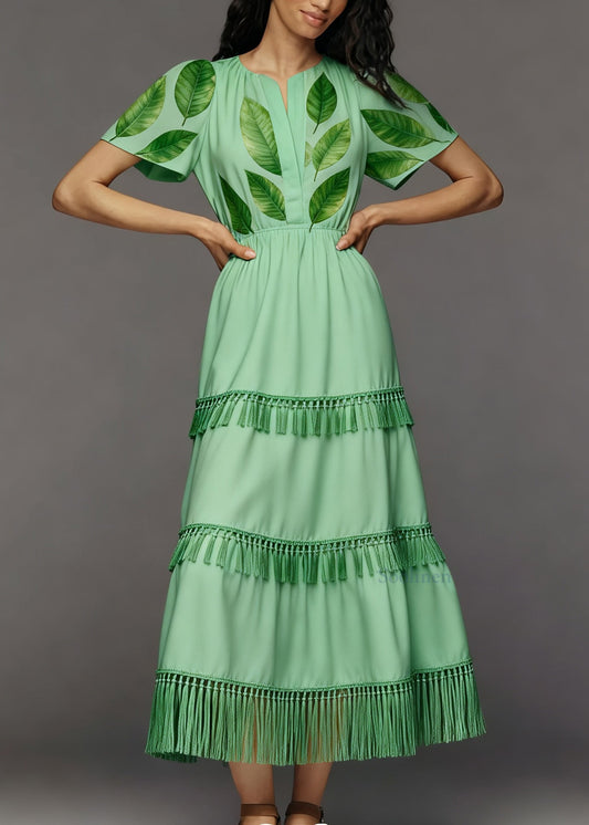 Plus Size Green Print Tassel Patchwork Cotton Long Dresses Summer