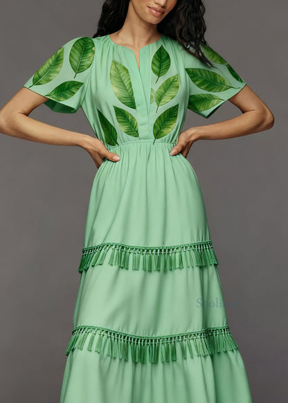 Plus Size Green Print Tassel Patchwork Cotton Long Dresses Summer