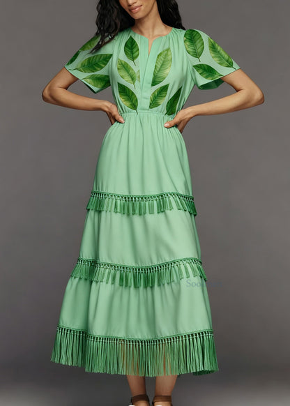 Plus Size Green Print Tassel Patchwork Cotton Long Dresses Summer