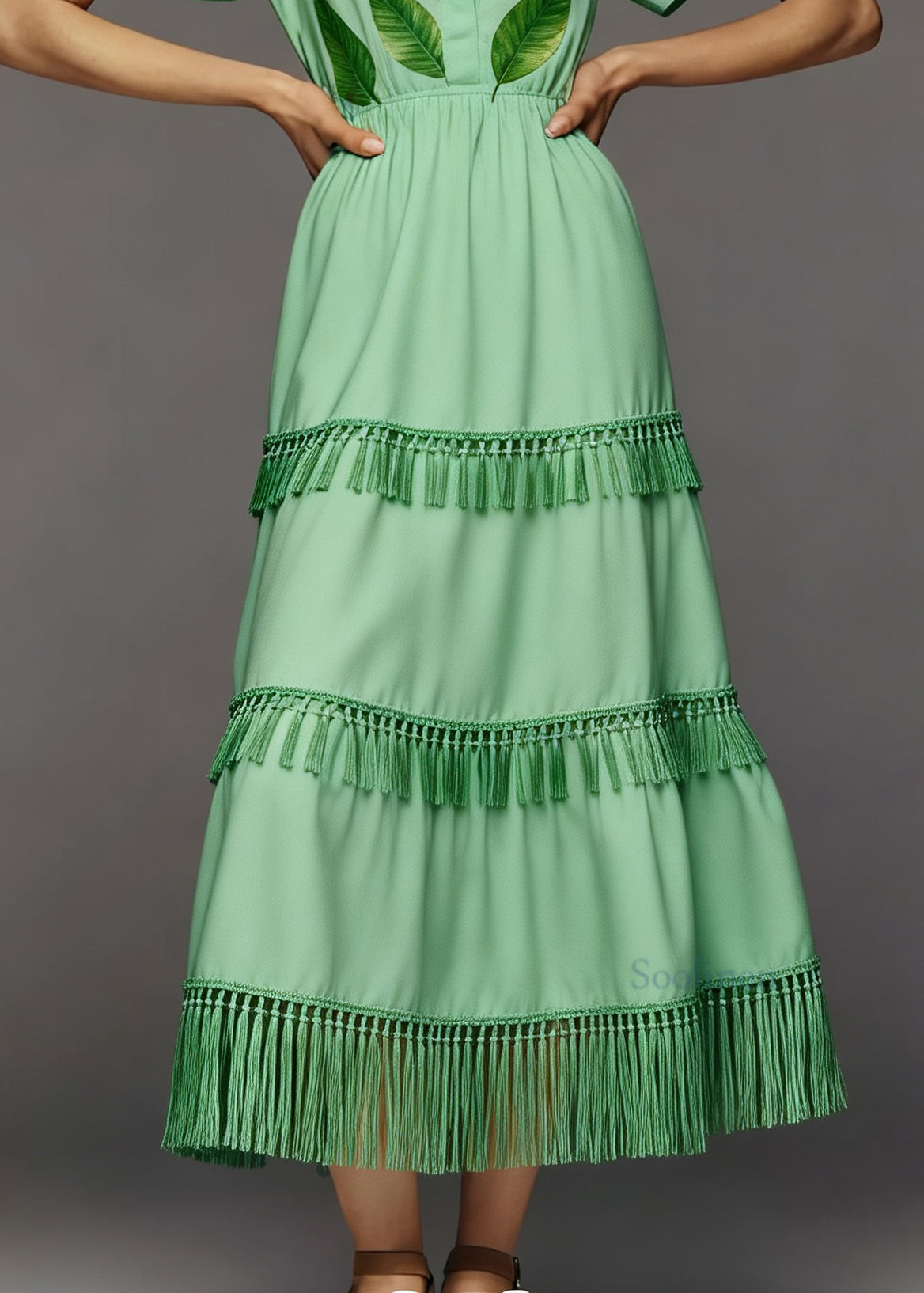 Plus Size Green Print Tassel Patchwork Cotton Long Dresses Summer