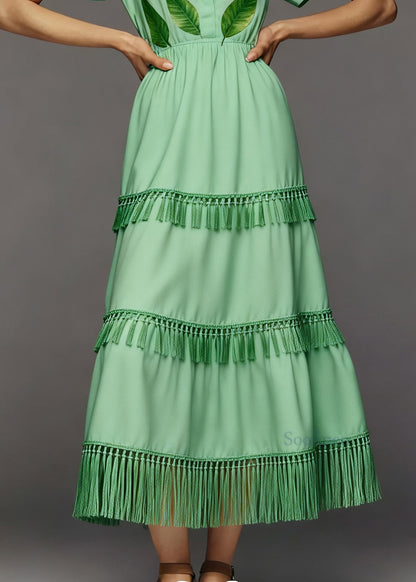 Plus Size Green Print Tassel Patchwork Cotton Long Dresses Summer