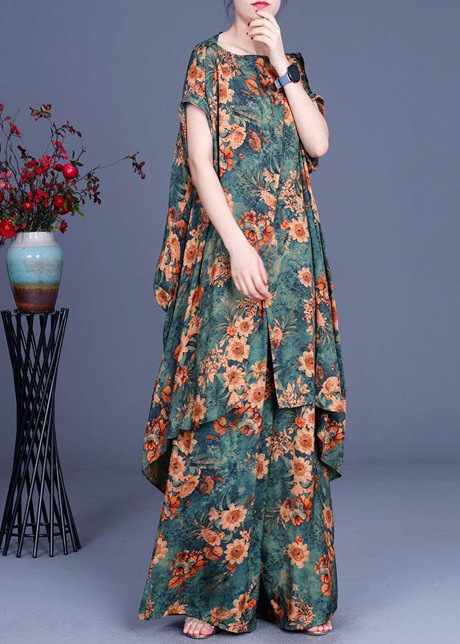 Plus Size Green Print asymmetrical design Silk Wide Leg Two Piece Set Outfits - SooLinen