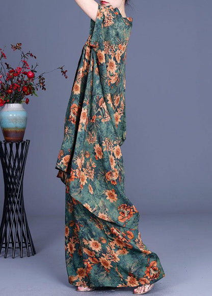 Plus Size Green Print asymmetrical design Silk Wide Leg Two Piece Set Outfits - SooLinen