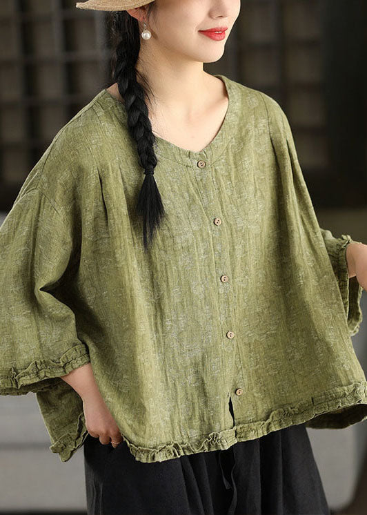Plus Size Green Ruffled Jacquard Linen Blouses Bracelet Sleeve