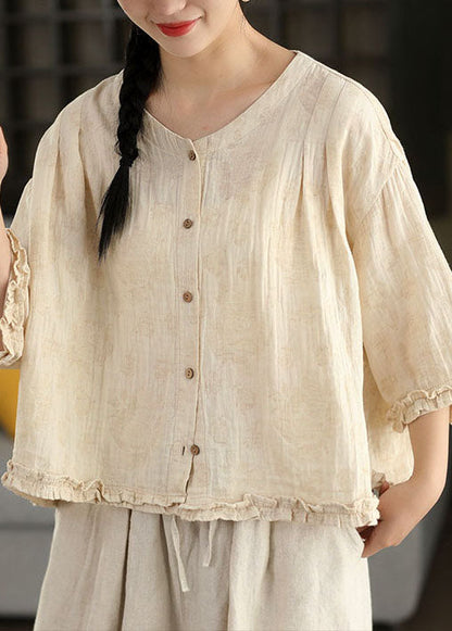 Plus Size Green Ruffled Jacquard Linen Blouses Bracelet Sleeve