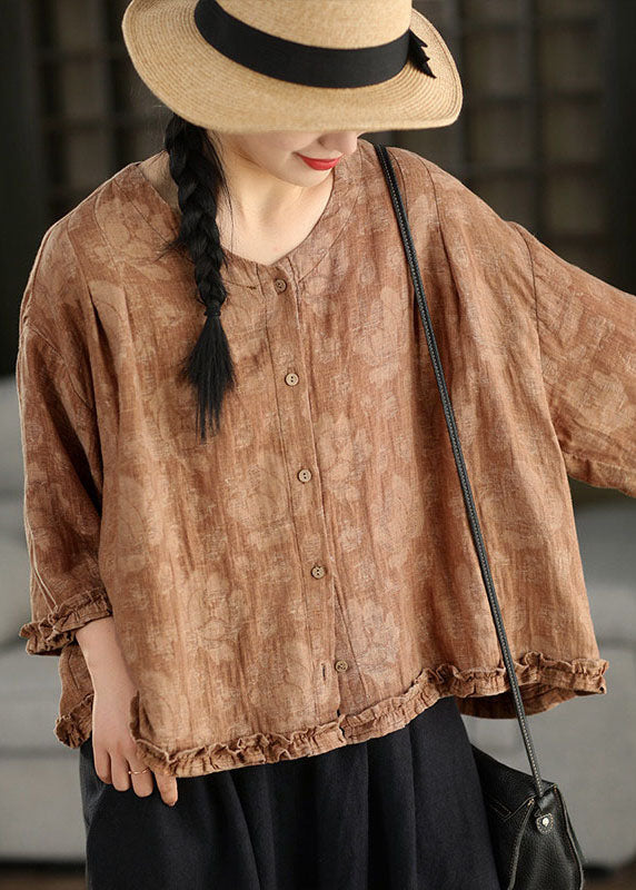 Plus Size Green Ruffled Jacquard Linen Blouses Bracelet Sleeve