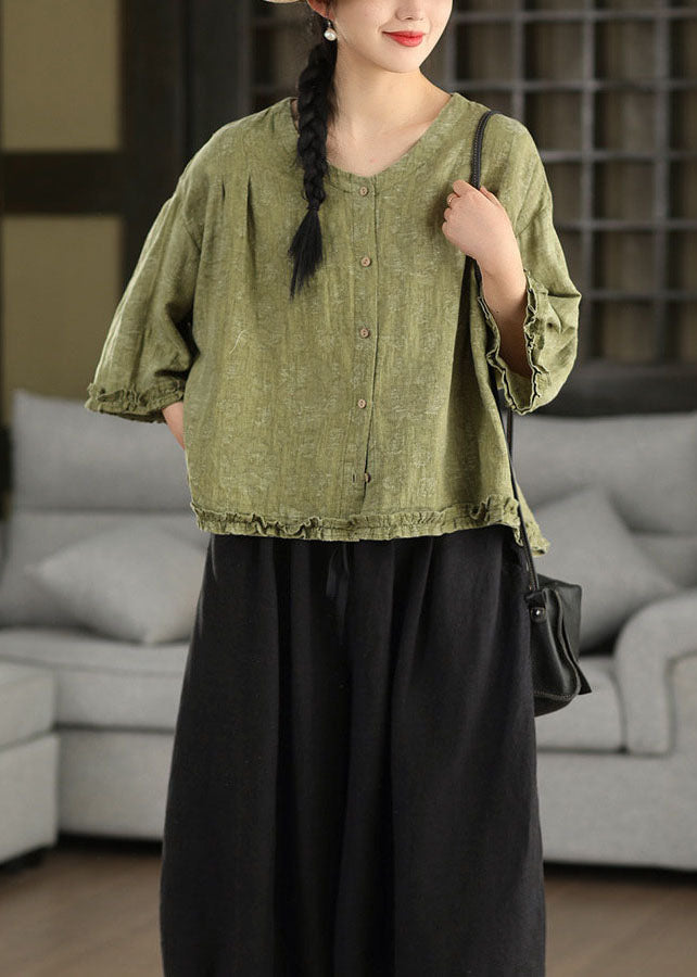 Plus Size Green Ruffled Jacquard Linen Blouses Bracelet Sleeve