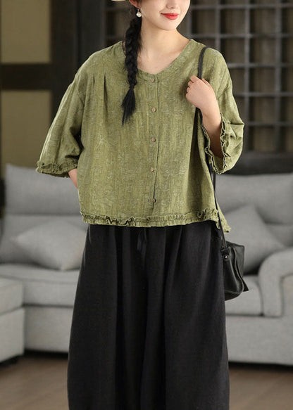 Plus Size Green Ruffled Jacquard Linen Blouses Bracelet Sleeve