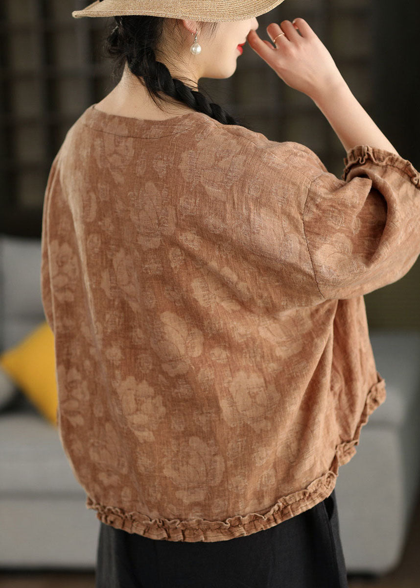 Plus Size Green Ruffled Jacquard Linen Blouses Bracelet Sleeve