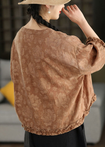 Plus Size Green Ruffled Jacquard Linen Blouses Bracelet Sleeve