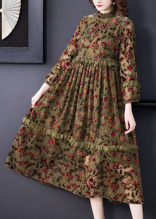 Plus Size Green Ruffled Patchwork Jacquard Fall Holiday Dress Long sleeve