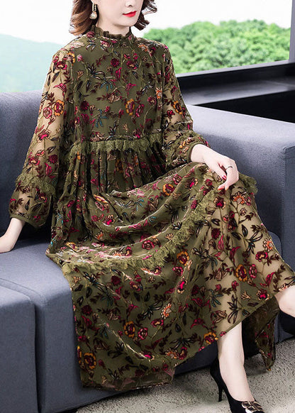 Plus Size Green Ruffled Patchwork Jacquard Fall Holiday Dress Long sleeve