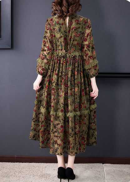 Plus Size Green Ruffled Patchwork Jacquard Fall Holiday Dress Long sleeve