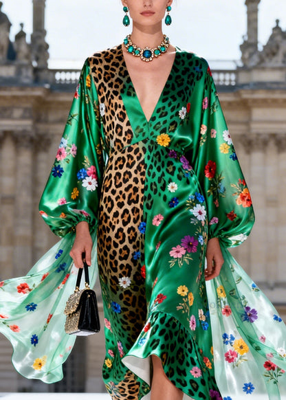 Plus Size Green Ruffled Print Silk Maxi Dresses Lantern Sleeve