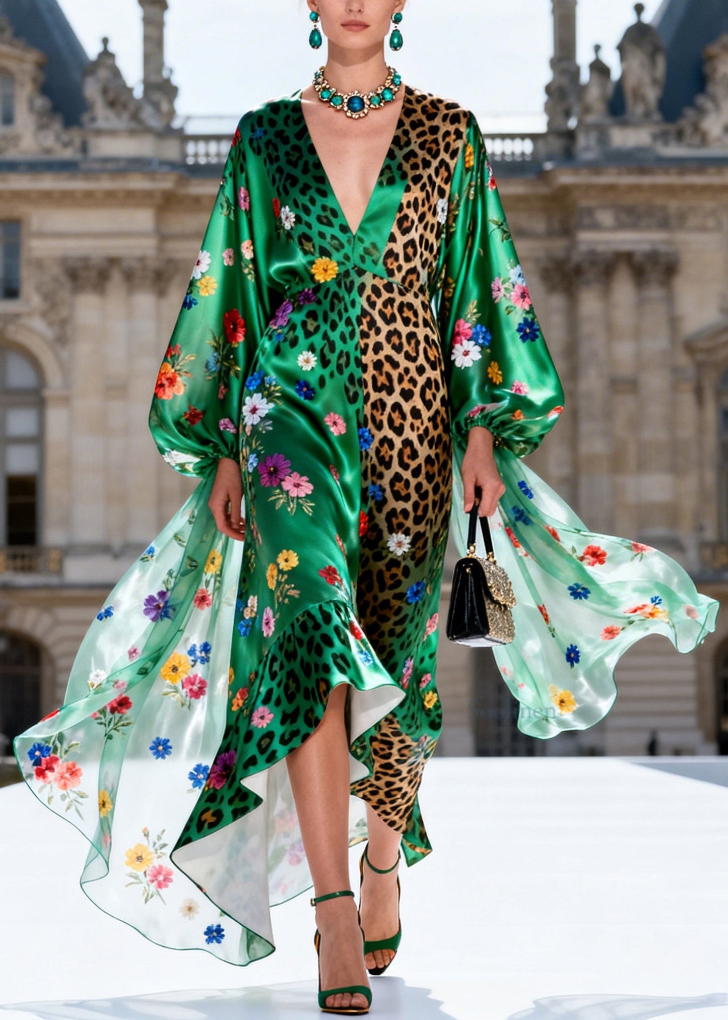 Plus Size Green Ruffled Print Silk Maxi Dresses Lantern Sleeve