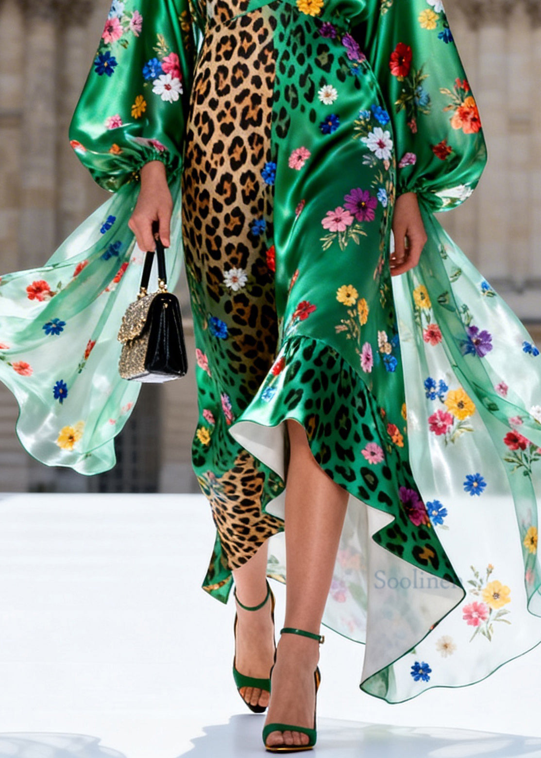 Plus Size Green Ruffled Print Silk Maxi Dresses Lantern Sleeve