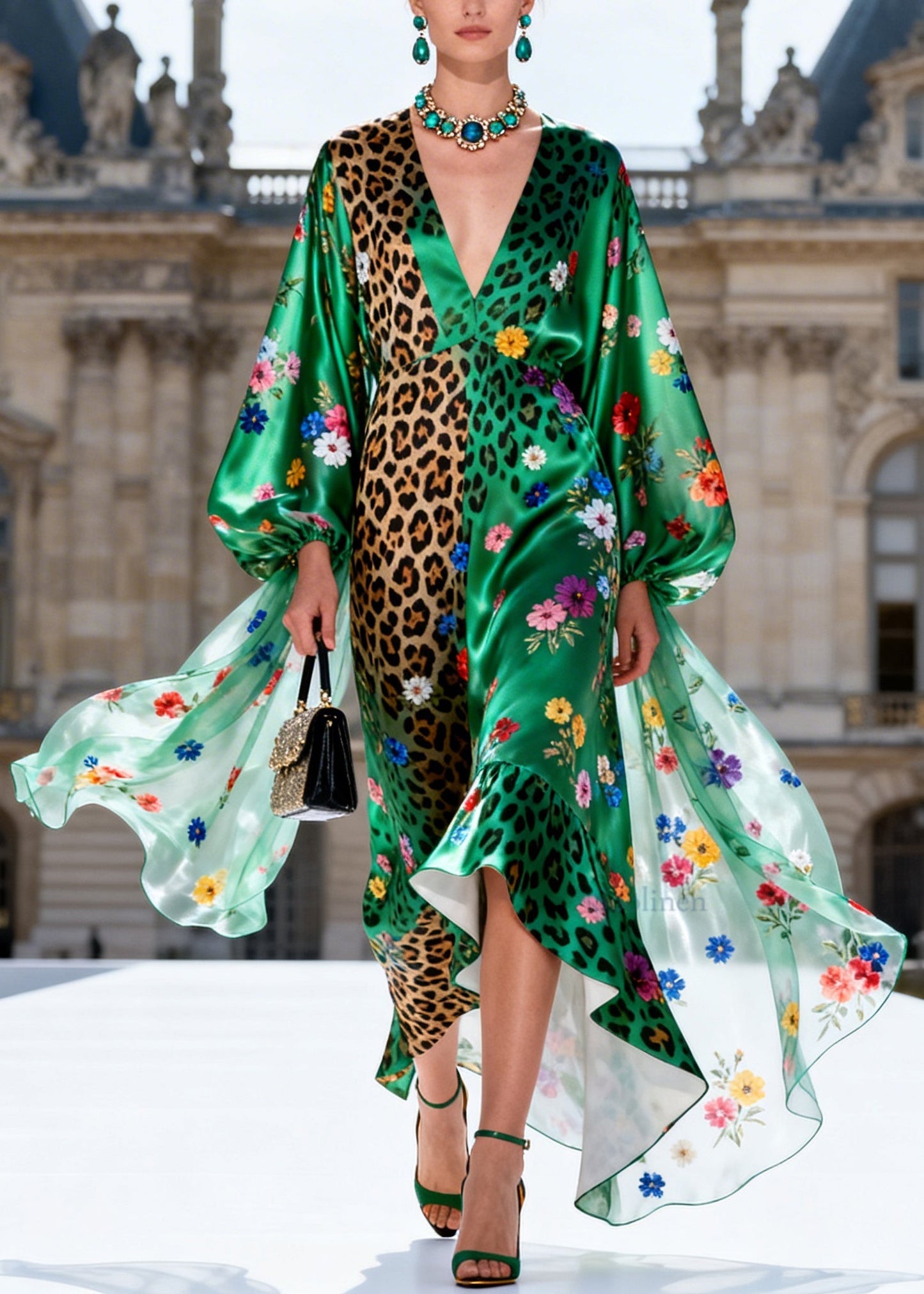 Plus Size Green Ruffled Print Silk Maxi Dresses Lantern Sleeve