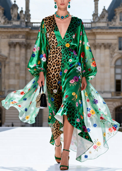 Plus Size Green Ruffled Print Silk Maxi Dresses Lantern Sleeve