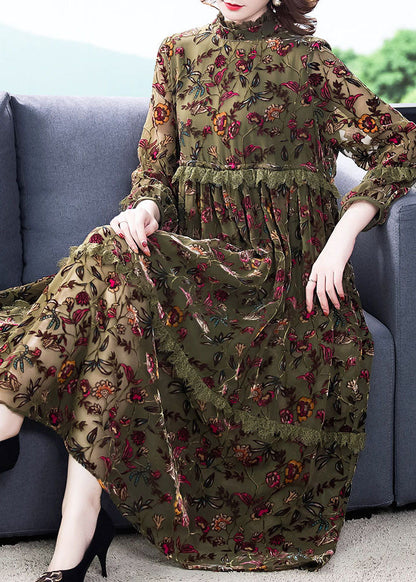 Plus Size Grüne Rüschendruck Velours Kleider Frühling