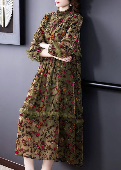 Plus Size Grüne Rüschendruck Velours Kleider Frühling