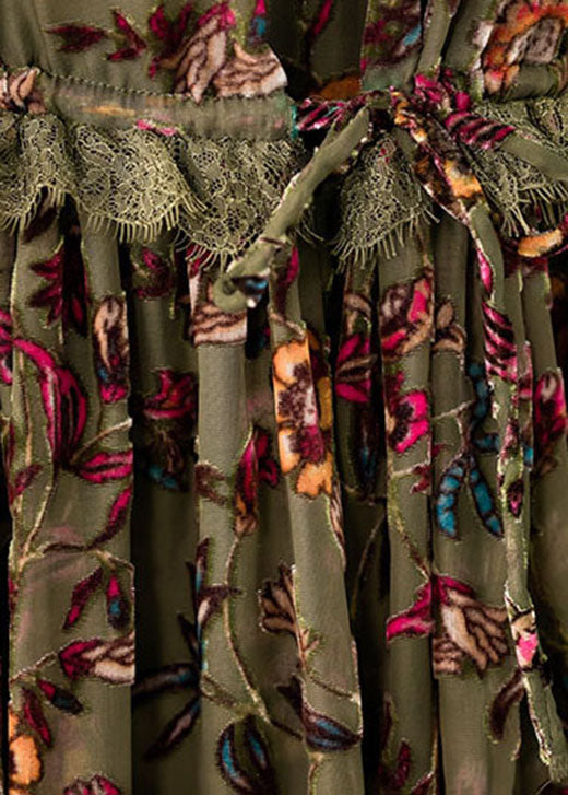 Plus Size Grüne Rüschendruck Velours Kleider Frühling