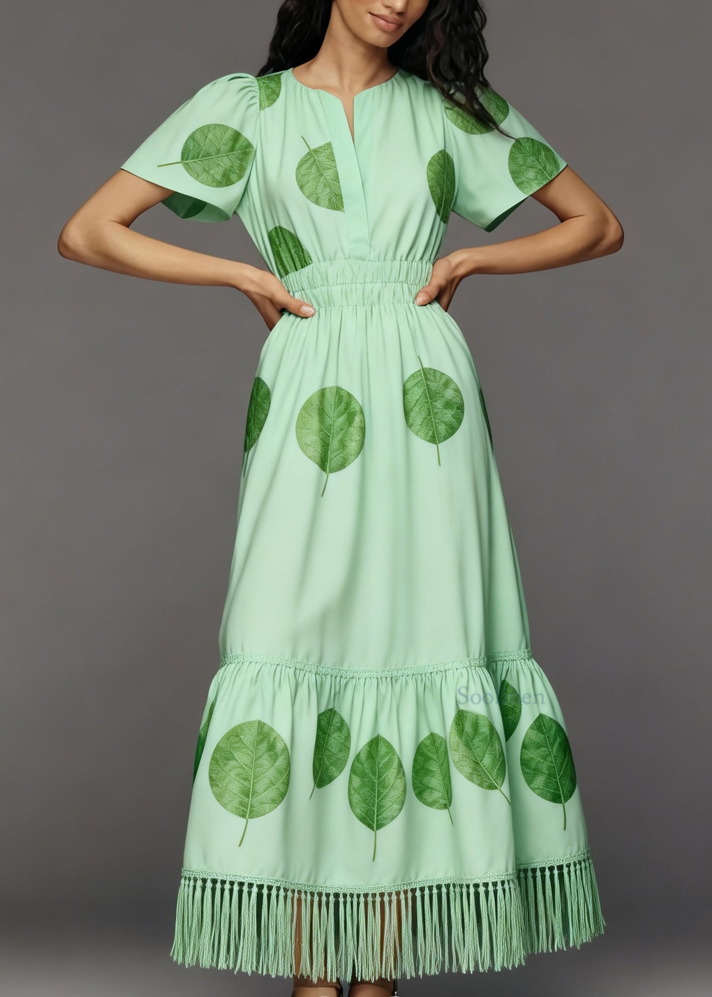Plus Size Green Tasseled Patchwork Cotton Long Dresses Summer