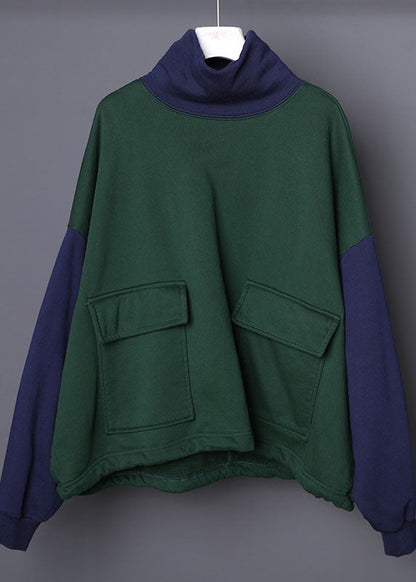 Plus Größe Grün Rollkragen Patchwork Baumwolle Sweatshirts Trainingsanzüge