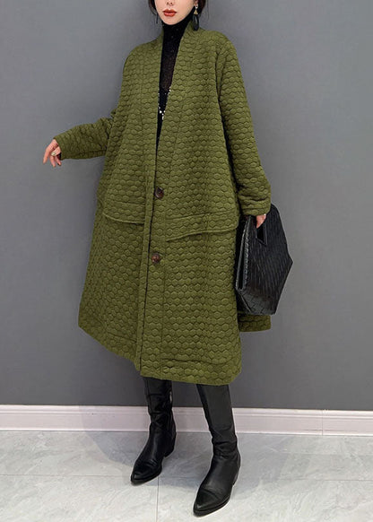 Grüner Trenchcoat mit V-Ausschnitt und Baumwolle, extra großer Saum, Winter