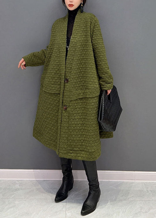 Grüner Trenchcoat mit V-Ausschnitt und Baumwolle, extra großer Saum, Winter