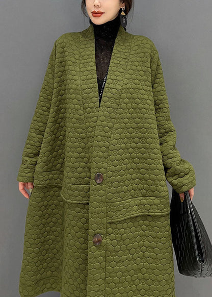 Grüner Trenchcoat mit V-Ausschnitt und Baumwolle, extra großer Saum, Winter