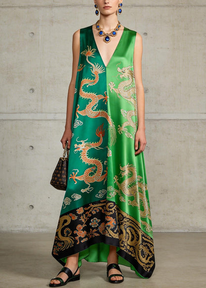 Plus Size Green V Neck Print Silk A Line Dress Sleeveless