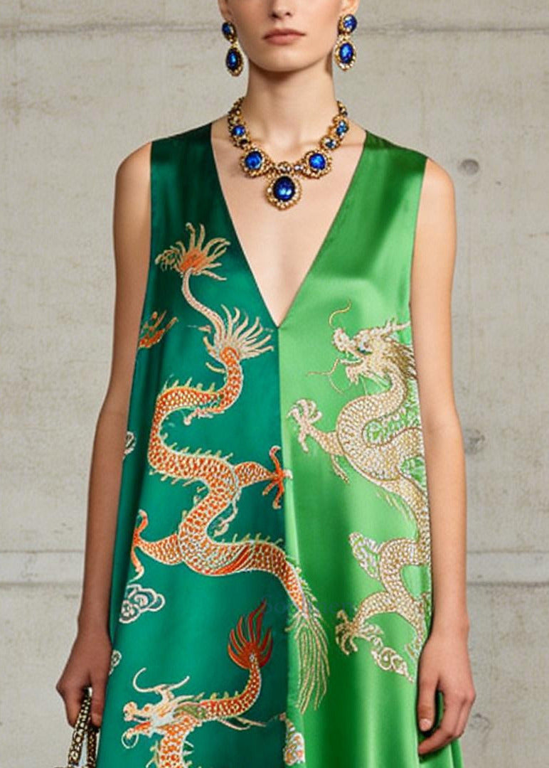 Plus Size Green V Neck Print Silk A Line Dress Sleeveless