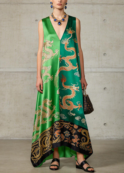 Plus Size Green V Neck Print Silk A Line Dress Sleeveless