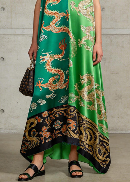Plus Size Green V Neck Print Silk A Line Dress Sleeveless