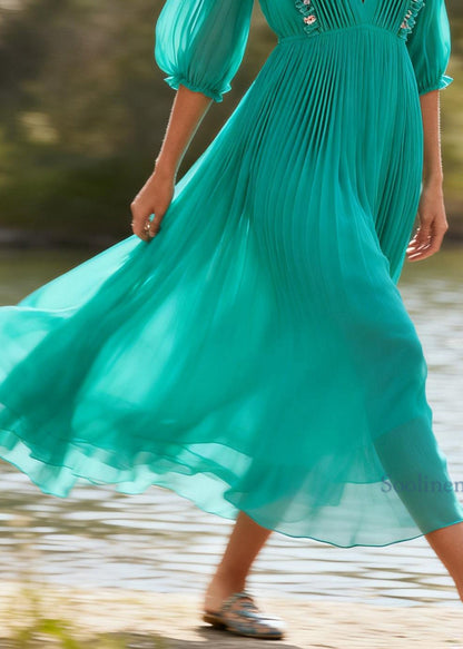 Plus Size Green V Neck Ruffled Floral Chiffon Dress Summer