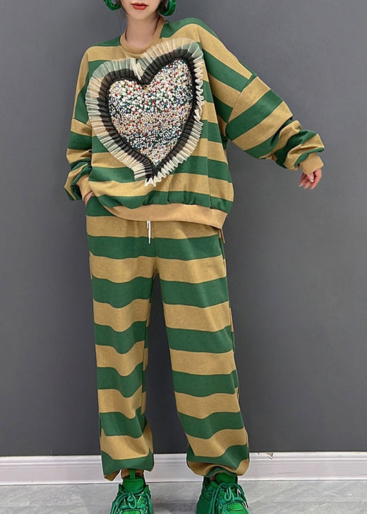 Plus Size Grün Gelb Gestreiftes O-Ausschnitt Loving Heart Top und Hose Zweiteiliges Set Herbst