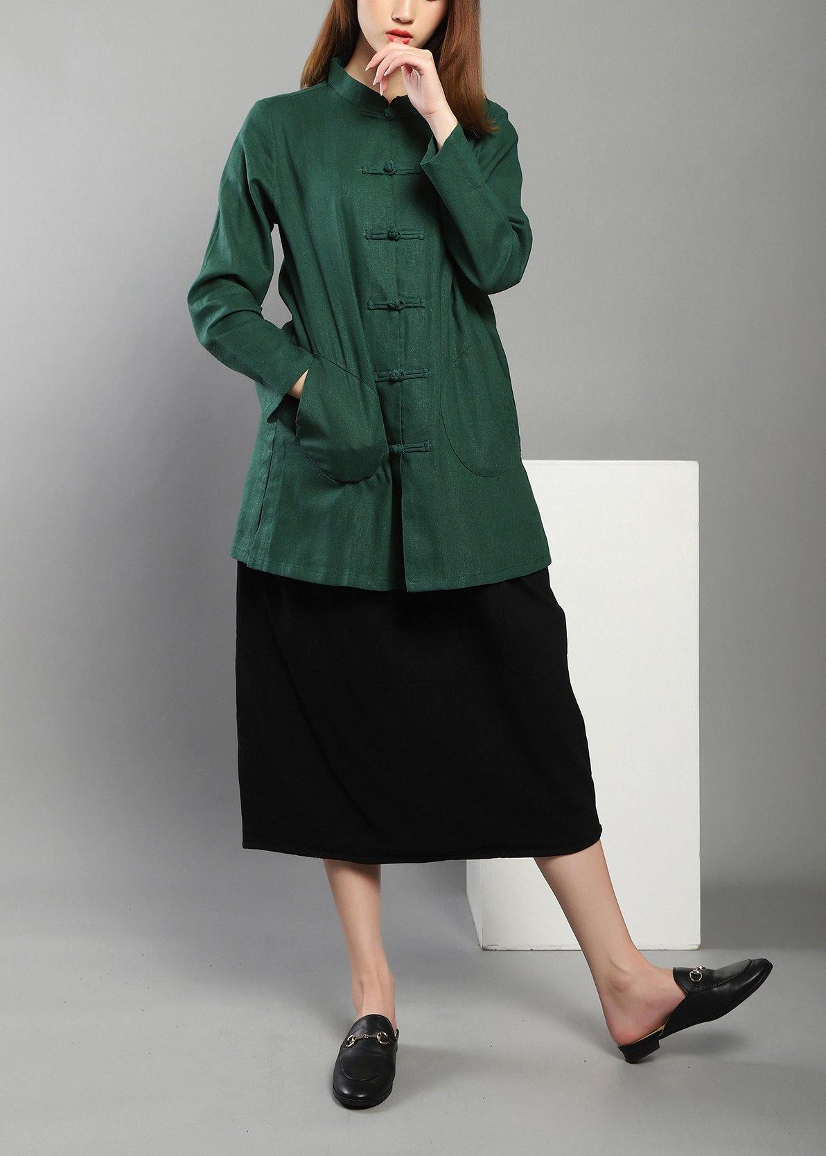 Plus Size Green low high design Chinese Button Spring Shirt Tops - SooLinen